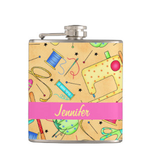 Yellow Sewing Notions Art Name Personalized Hip Flask