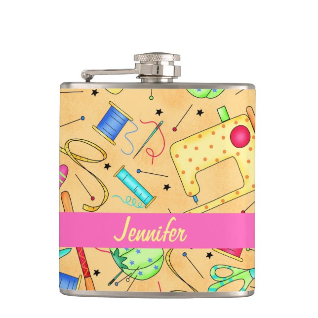 Yellow Sewing Notions Art Name Personalized Hip Flask (Front)