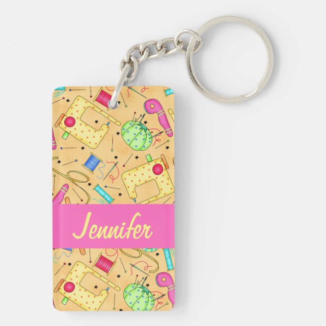 Yellow Sewing Notions Art Name Personalized Keychain (Back)