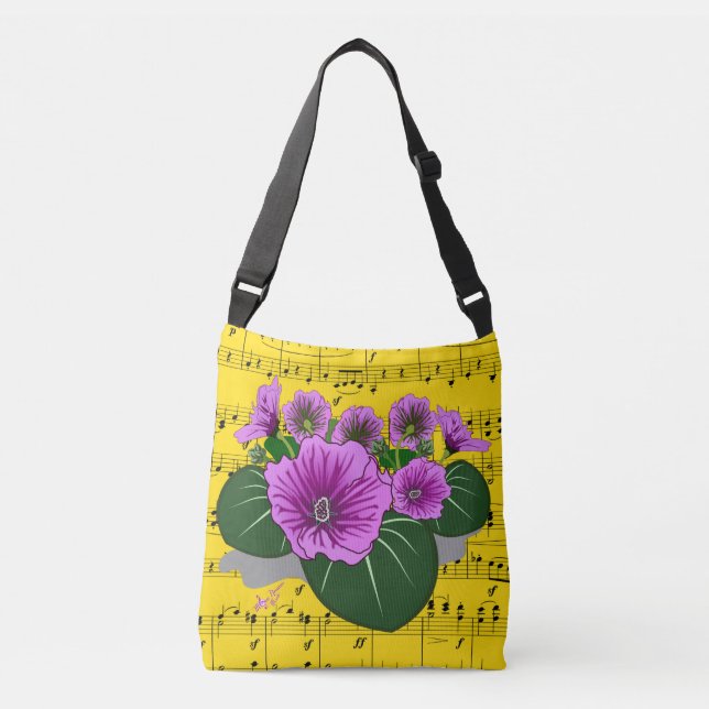 Yellow Sheet Music Purple Floral Crossbody Bag (Front)