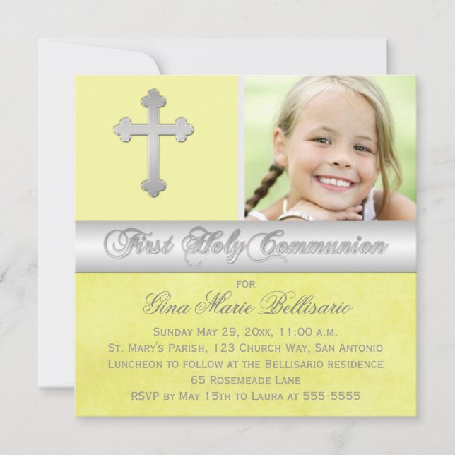 Yellow Silver 1st Holy Communion Photo Invitation (Front)