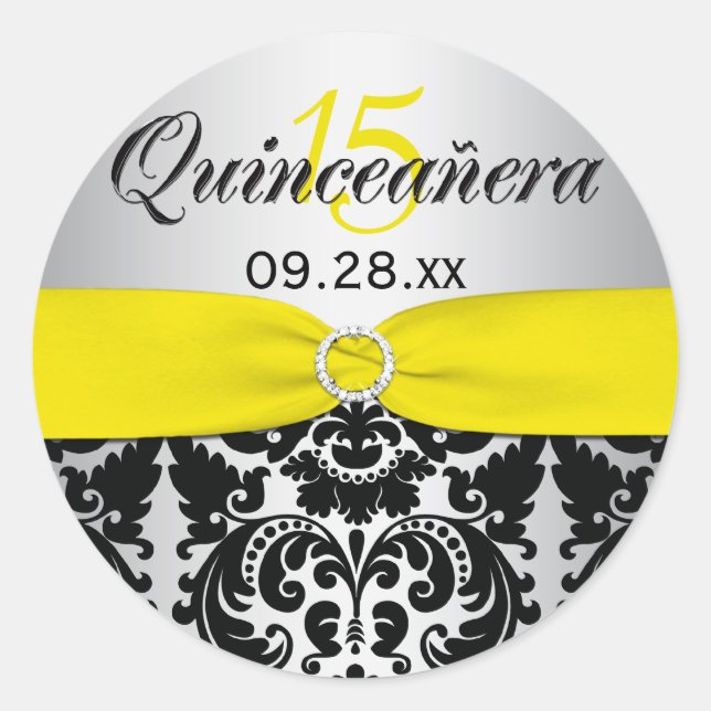 Yellow, Silver, Black Damask Quinceanera Sticker (Front)
