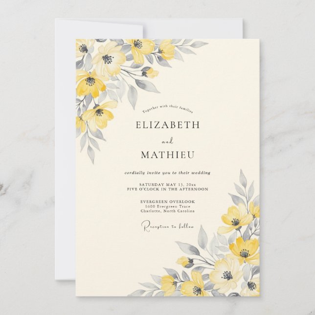 Yellow Silver Dainty Spring Wedding Invitation (Front)