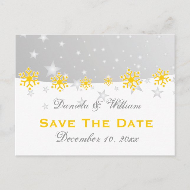 Yellow silver grey snowflake wedding Save the Date Announcement Postcard (Front)