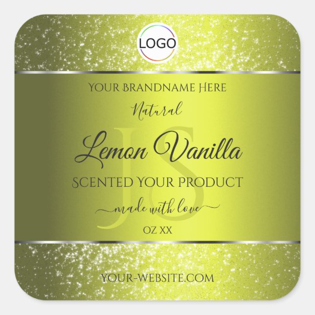 Yellow Silver Logo Initials Glitter Product Labels (Front)