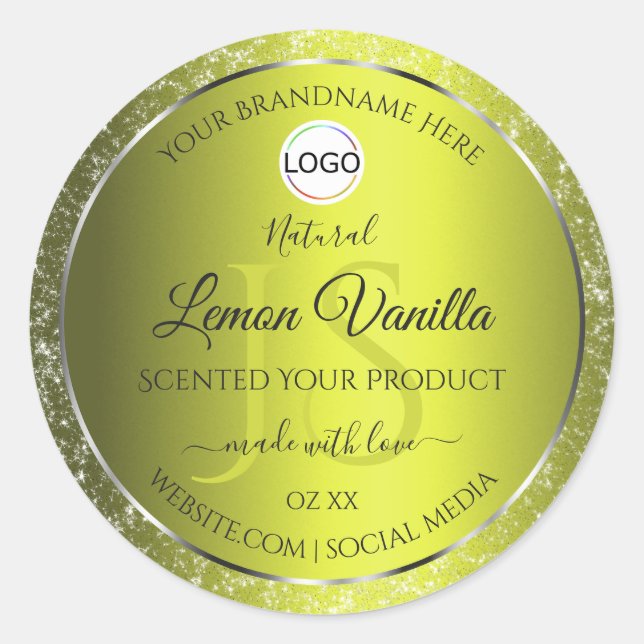 Yellow Silver Logo Initials Glitter Product Labels (Front)