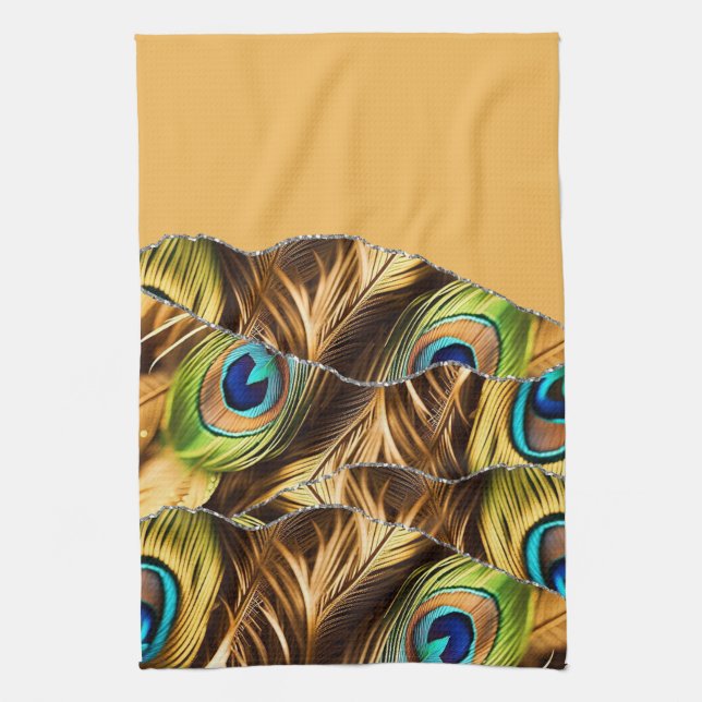 Yellow Silver Peafowl Marble Agate Glam  Kitchen Towel (Vertical)