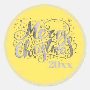 Yellow Silver White Merry Christmas Classic Round Sticker
