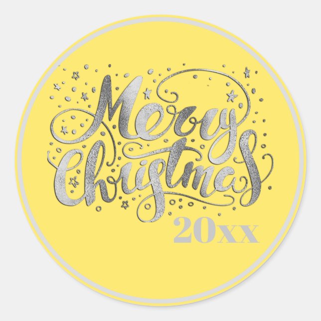 Yellow Silver White Merry Christmas Classic Round Sticker (Front)