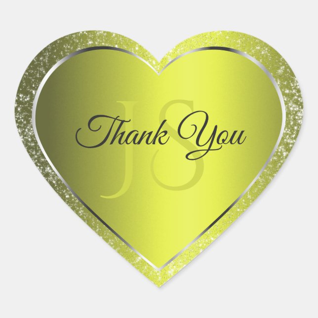 Yellow Silver with Glitter Initials Cute Thank You Heart Sticker (Front)