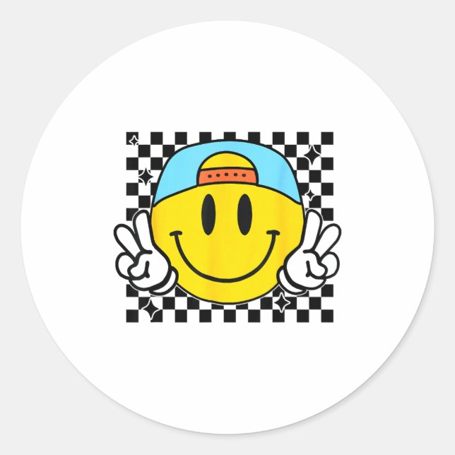 Yellow Smile Face Cute Checkered Peace Smiling Hap Classic Round Sticker (Front)