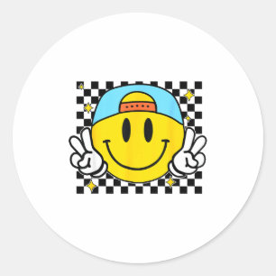 Yellow Smile Face Cute Checkered Peace Smiling Hap Classic Round Sticker