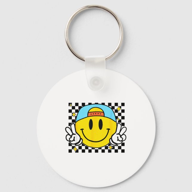 Yellow Smile Face Cute Checkered Peace Smiling Hap Keychain (Front)