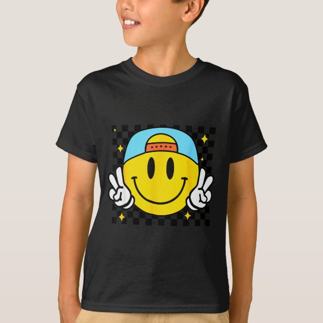 Yellow Smile Face Cute Checkered Peace Smiling Hap T-Shirt (Front)