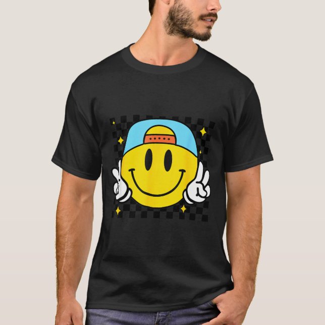 Yellow Smile Face Cute Checkered Peace Smiling Hap T-Shirt (Front)
