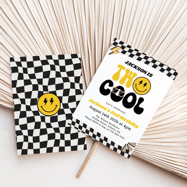 Yellow Smiley Face Two Cool Boy 2nd Birthday Invitation (Creator Uploaded)