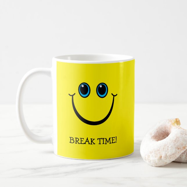 Yellow Smiling Emoji Face Break Time Coffee Mug (With Donut)