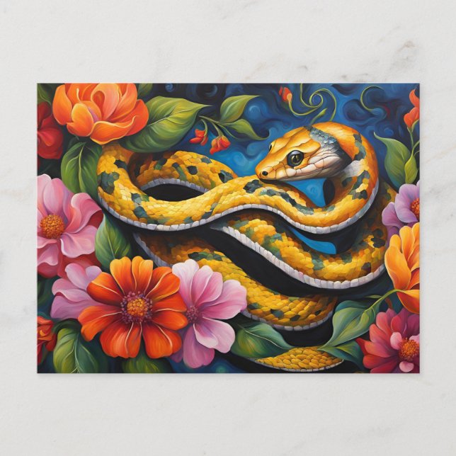 Yellow Snake in the Vibrant Colourful Floral Garde Postcard (Front)