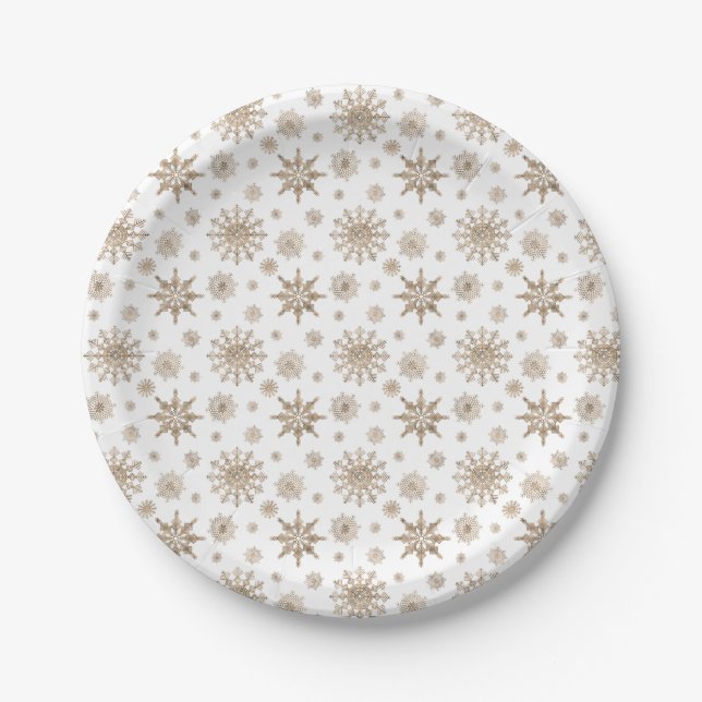 Yellow Snowflake Pattern On White Paper Plate (Front)
