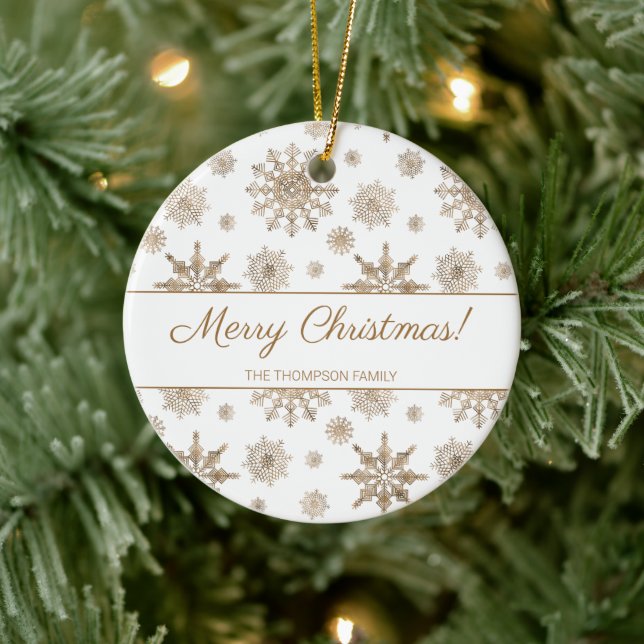 Yellow Snowflakes And Custom Family Name Christmas Ceramic Ornament (Tree)