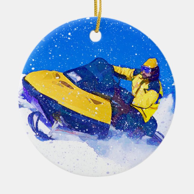 Yellow Snowmobile in Blizzard Ceramic Ornament (Front)