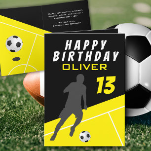 Yellow Soccer Player Football Ball Boy Birthday   Card