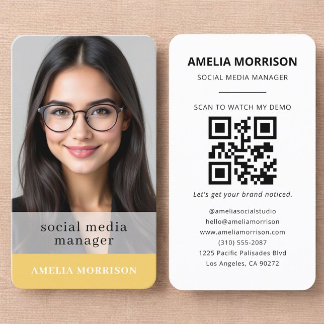 Yellow Social Media Manager QR Code Photo Business Card (Creator Uploaded)