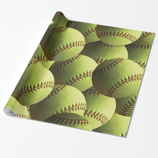 Yellow Softball Covered Wrapping Paper (Unrolled)
