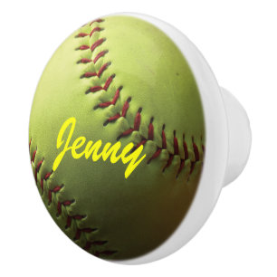 Yellow Softball with Red Stitching Ceramic Knob