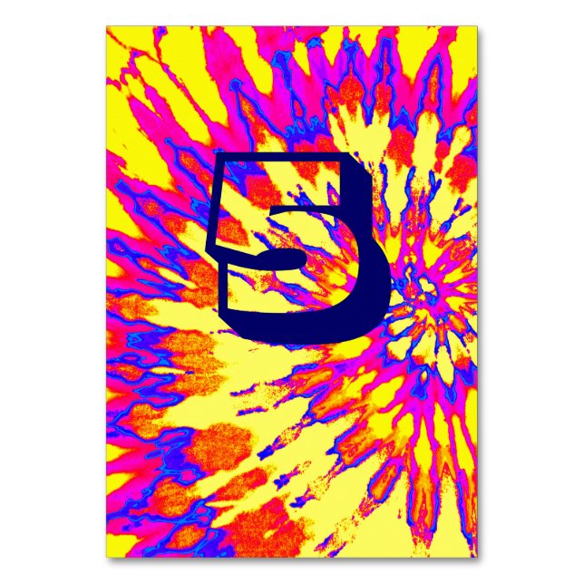 Yellow Spiral Tie Dye Wedding Table Five Table Number (Front)