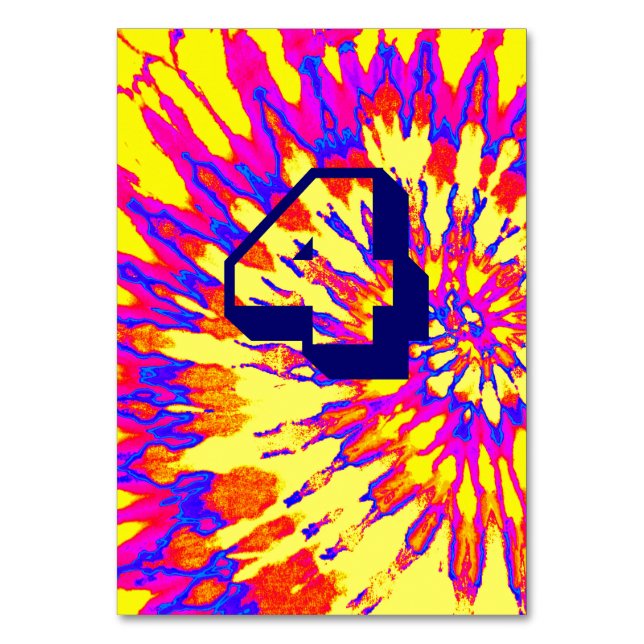 Yellow Spiral Tie Dye Wedding Table Four Table Number (Front)