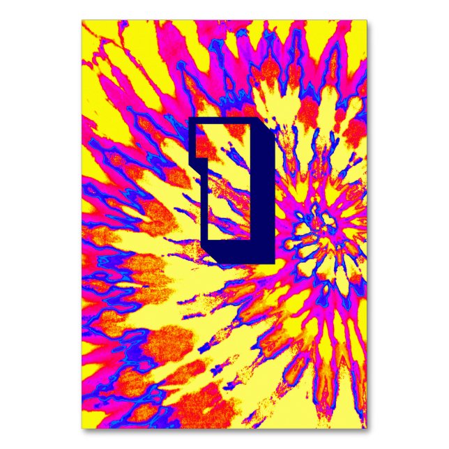 Yellow Spiral Tie Dye Wedding Table One Table Number (Front)