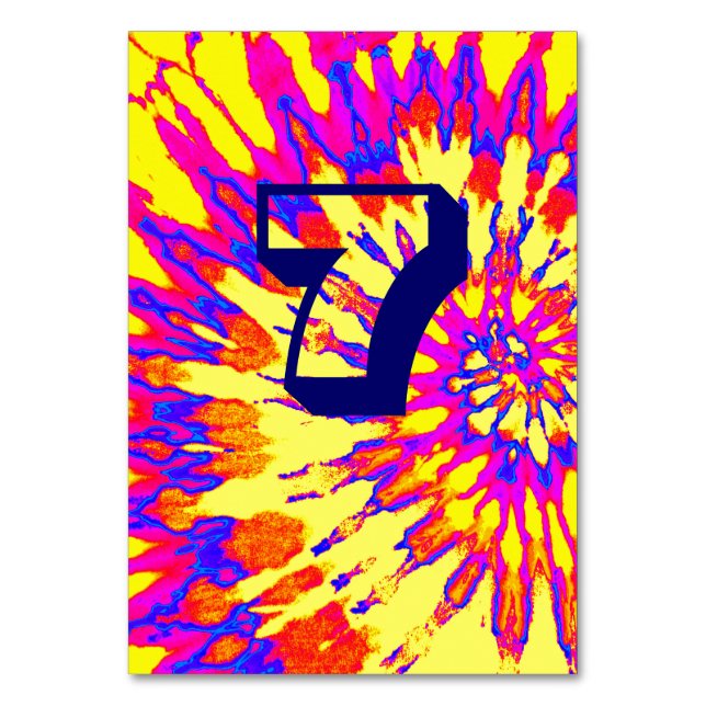 Yellow Spiral Tie Dye Wedding Table Seven Table Number (Front)
