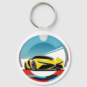 Yellow Sports Car in Modern Illustrative Round Keychain