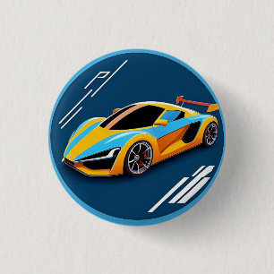 Yellow Sports Car on Blue Background 1 Inch Round Button