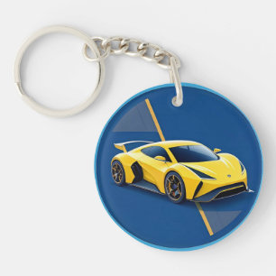 Yellow Sports Car on Blue Background Keychain