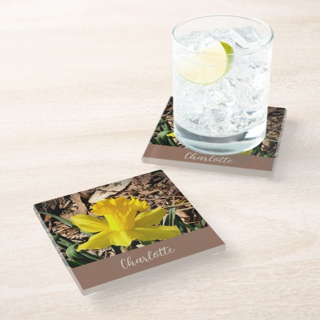Yellow Spring Daffodil in the Garden Custom Name   Glass Coaster (Angled)