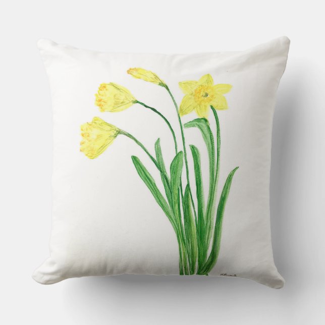 Yellow spring floral watercolor daffodils flowers throw pillow (Front)