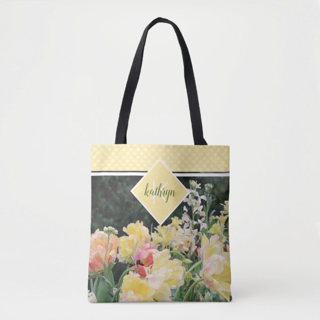 Yellow Spring Flowers and Hearts Monogram Tote Bag (Front)