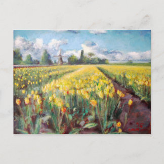 Yellow Spring Tulips Flower Fields Painting Postcard