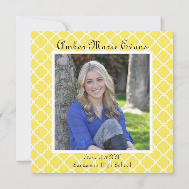 Yellow Square Quatrefoil - Graduation Announcement (Front)