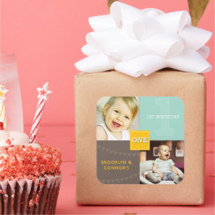 Yellow Square Sketch One Twins 1st Birthday Photo Sticker