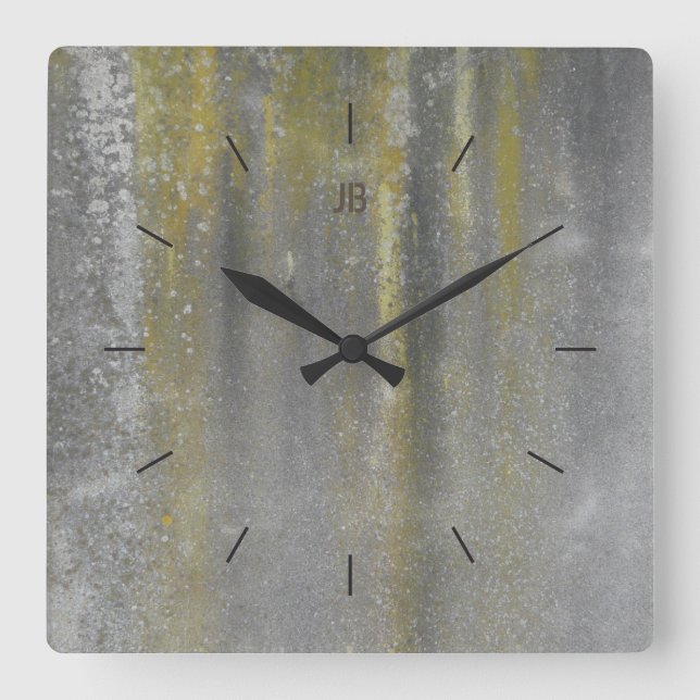 YELLOW STAINED METAL | industrial decor Square Wall Clock (Front)