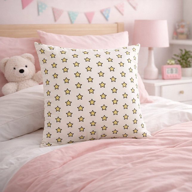 Yellow Star Pattern Half Drop Repeat Throw Pillow (A throw pillow with a cute yellow and black star pattern.)