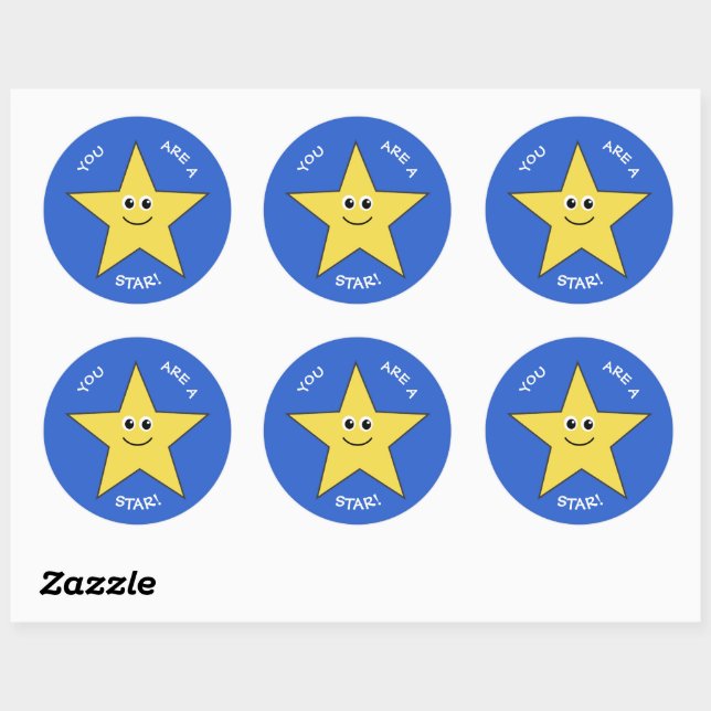 Yellow star teachers praise blue classic round sticker (Sheet)