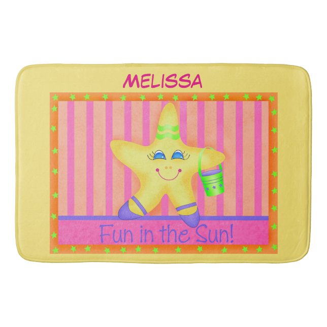 Yellow Starfish Fun in Sun Beach Name Personalized Bath Mat (Front)