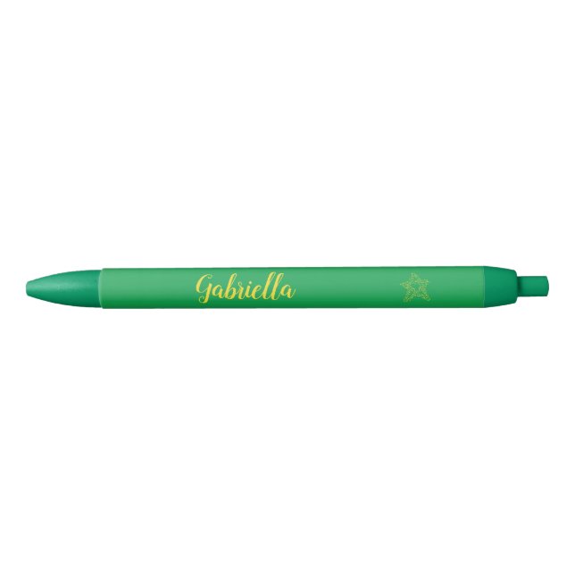 Yellow stars in star on green black ink pen (Front)