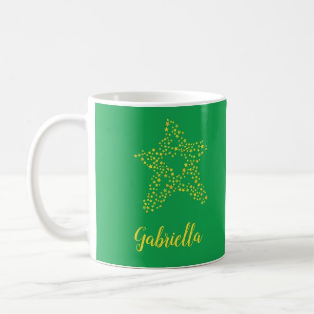 Yellow stars in star on green coffee mug (Left)