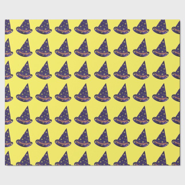 Yellow Stars on Purple Wizard Hats Halloween Wrapping Paper (Seam)