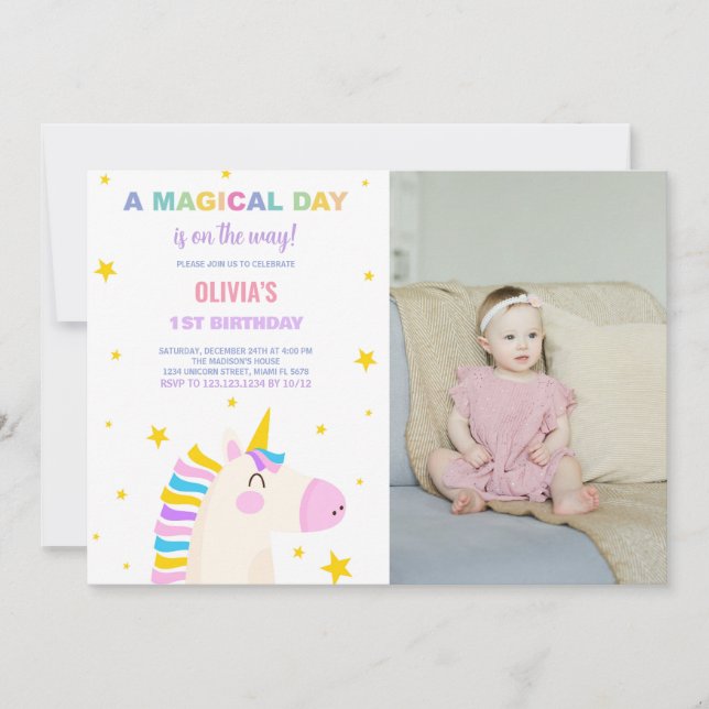 Yellow Stars Unicorn Anniversaire Invitations avec (Devant)